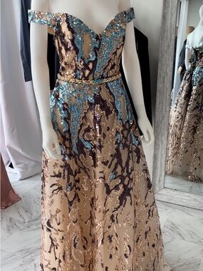 Off-Shoulder Sequin Evening Gown in Nude with Teal Accents